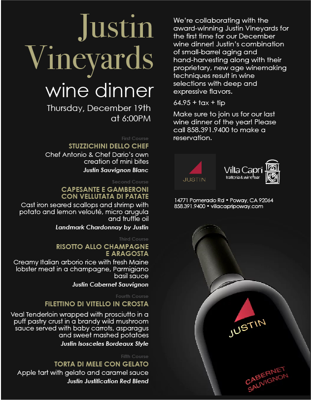 justin vineyards wine dinner flyer
